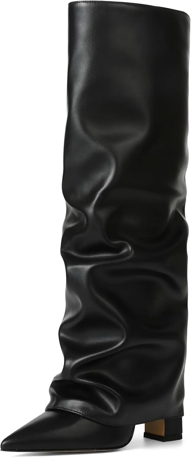 SaraIris Women's Slouchy Knee High Boots - Black, Pointed Toe, Fold Over, Chunky, Shark Boots