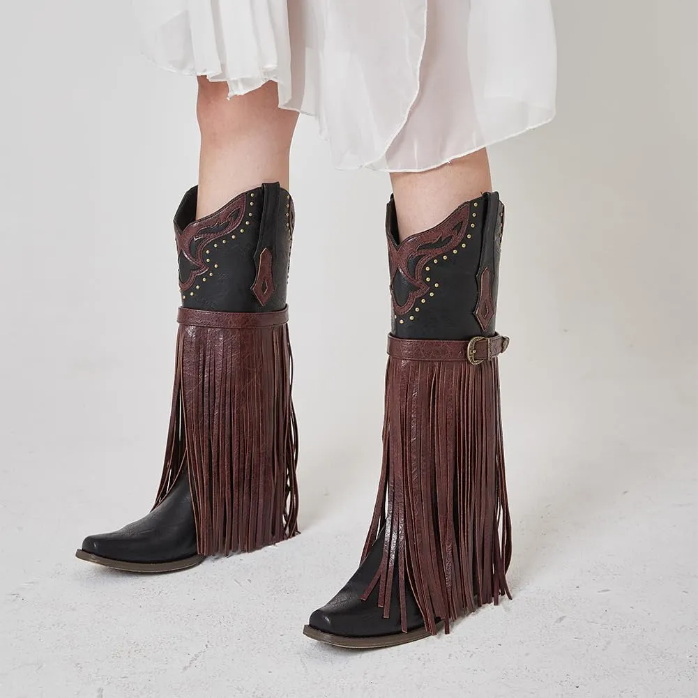 SaraIris Women's Western Bootie, Fashion Pointed Toe, Chunky Heel, Embroidered, Fringe, Pull-On, Mid Calf Boots, 2.75 inches, Knee High, PU, Denim, Rubber