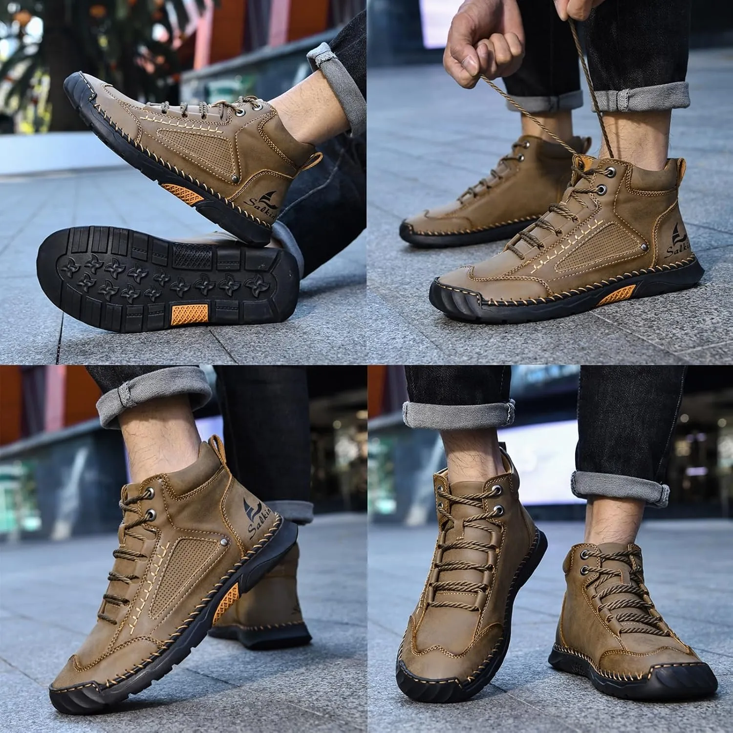 Sawbehind Men's Comfortable Handmade Leather Boots Waterproof, Sawbehind Mens Boots, Spacious Toe Box Outdoor Leather Shoes s