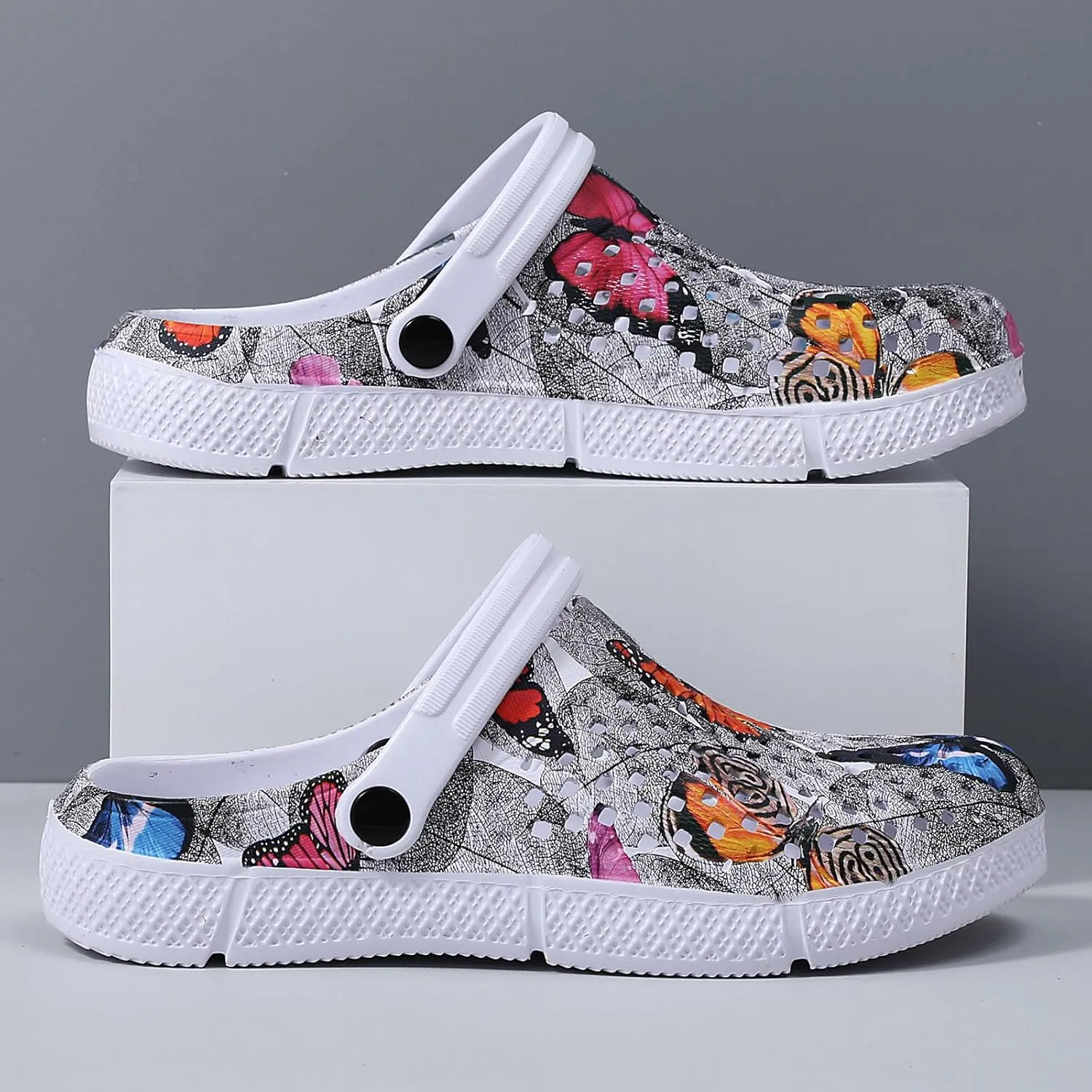 SECHRITE Womens Clogs Garden Shoes Slip-On Comfort Outdoor Beach Slippers Water Shoes Lightweight Waterproof Summer Sandals - Butterfly Print