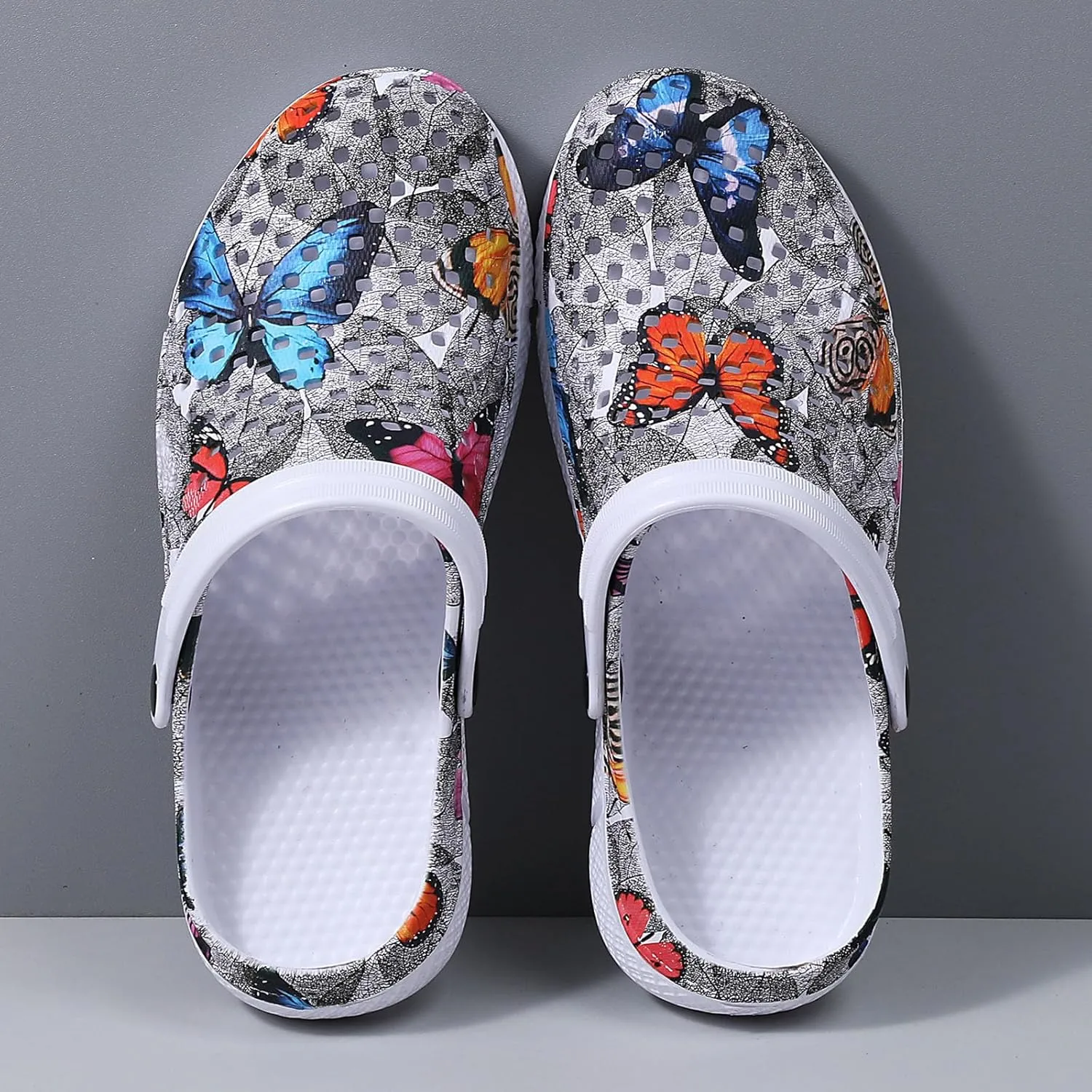 SECHRITE Womens Clogs Garden Shoes Slip-On Comfort Outdoor Beach Slippers Water Shoes Lightweight Waterproof Summer Sandals - Butterfly Print