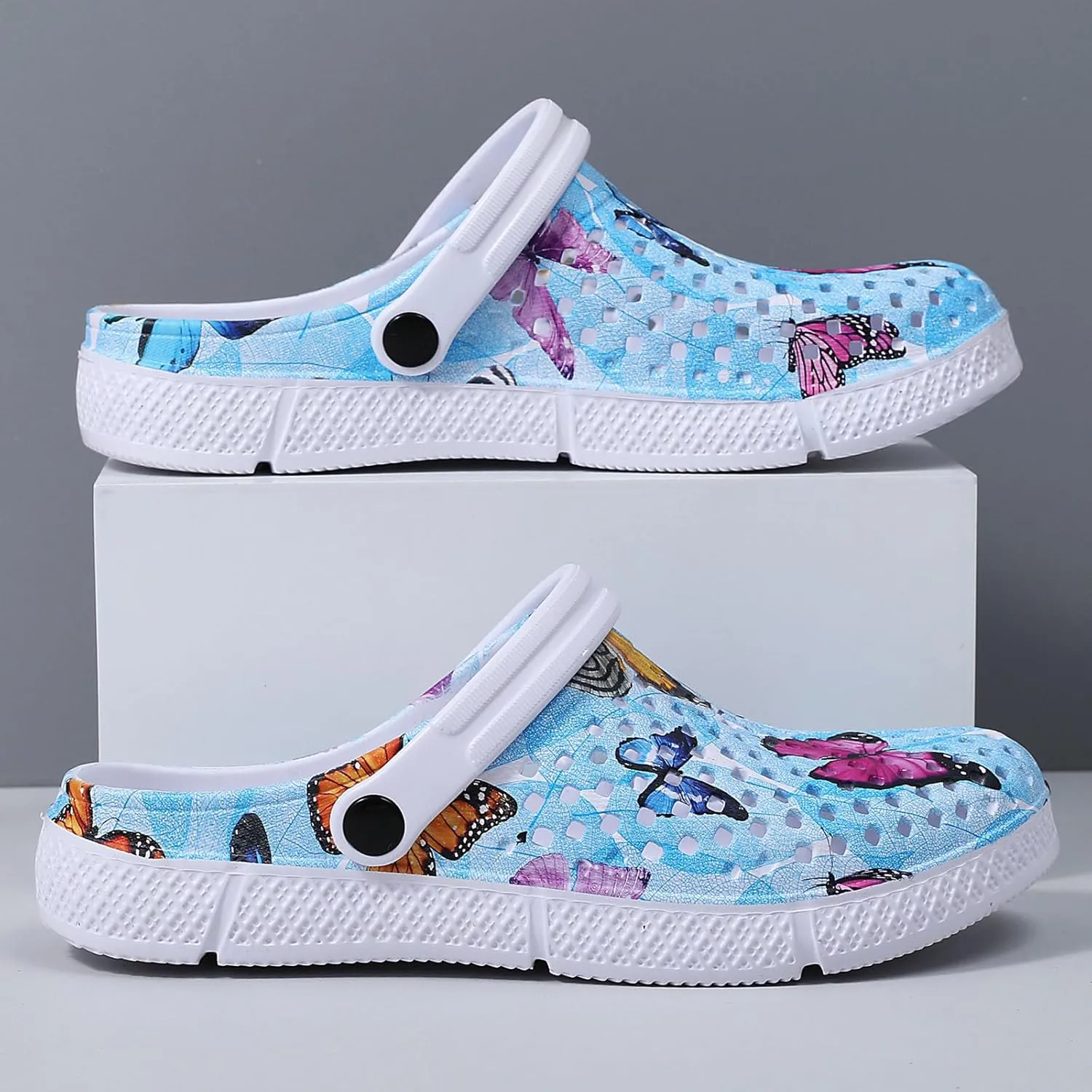 SECHRITE Womens Clogs Garden Shoes Slip-On Comfort Outdoor Beach Slippers Water Shoes Lightweight Waterproof Summer Sandals - Butterfly Print