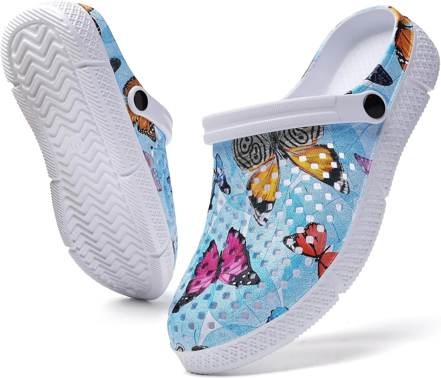 SECHRITE Womens Clogs Garden Shoes Slip-On Comfort Outdoor Beach Slippers Water Shoes Lightweight Waterproof Summer Sandals - Butterfly Print