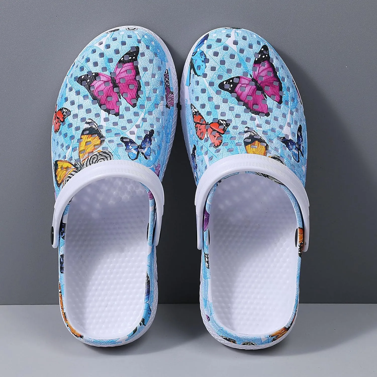 SECHRITE Womens Clogs Garden Shoes Slip-On Comfort Outdoor Beach Slippers Water Shoes Lightweight Waterproof Summer Sandals - Butterfly Print