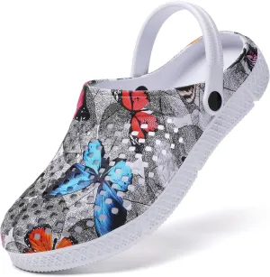 SECHRITE Womens Clogs Garden Shoes Slip-On Comfort Outdoor Beach Slippers Water Shoes Lightweight Waterproof Summer Sandals - Butterfly Print