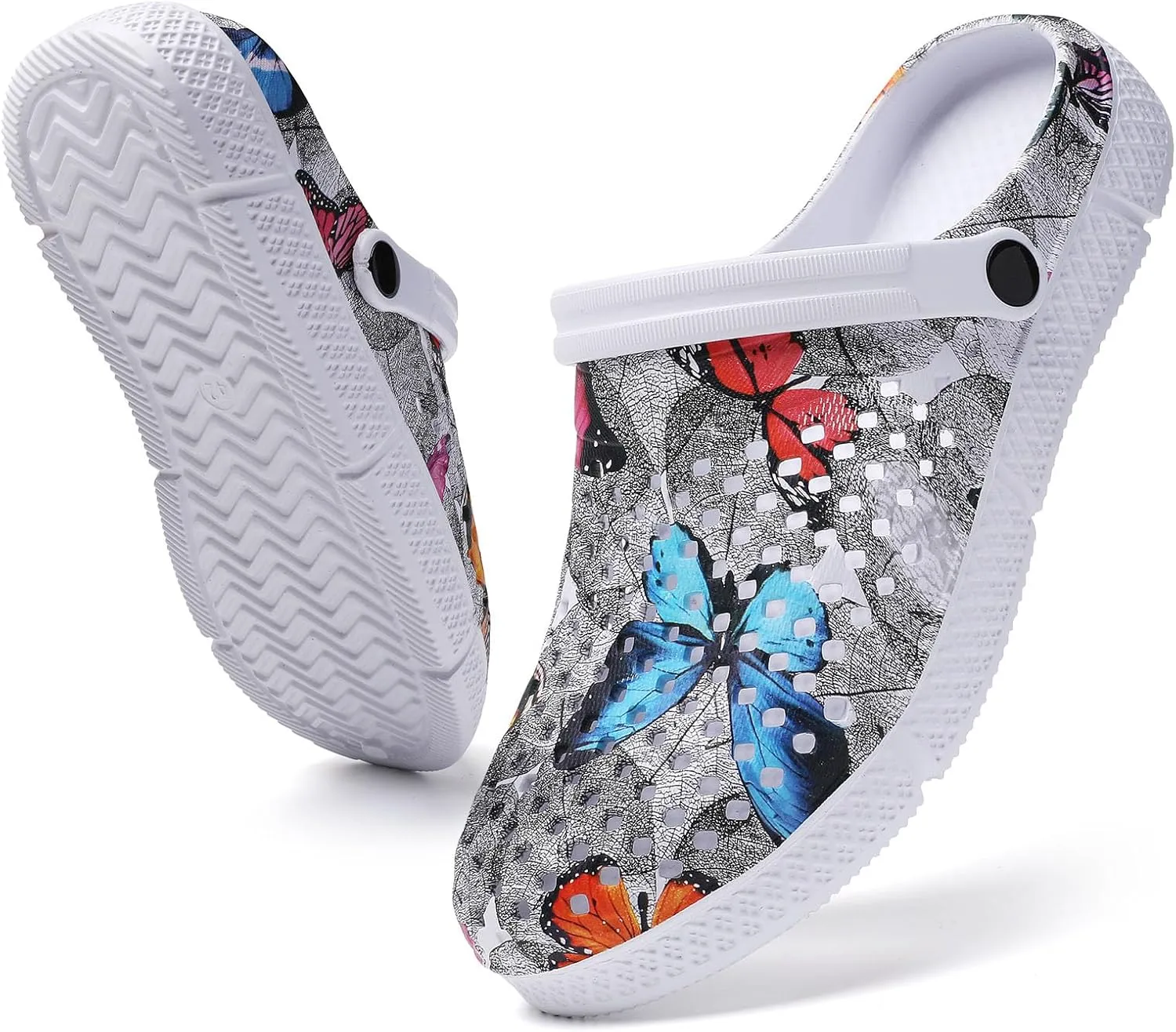 SECHRITE Womens Clogs Garden Shoes Slip-On Comfort Outdoor Beach Slippers Water Shoes Lightweight Waterproof Summer Sandals - Butterfly Print