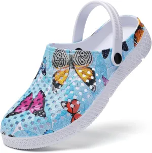 SECHRITE Womens Clogs Garden Shoes Slip-On Comfort Outdoor Beach Slippers Water Shoes Lightweight Waterproof Summer Sandals - Butterfly Print
