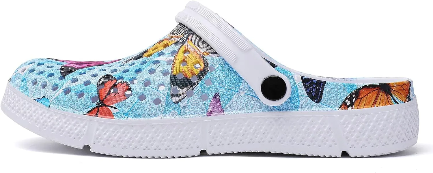 SECHRITE Womens Clogs Garden Shoes Slip-On Comfort Outdoor Beach Slippers Water Shoes Lightweight Waterproof Summer Sandals - Butterfly Print