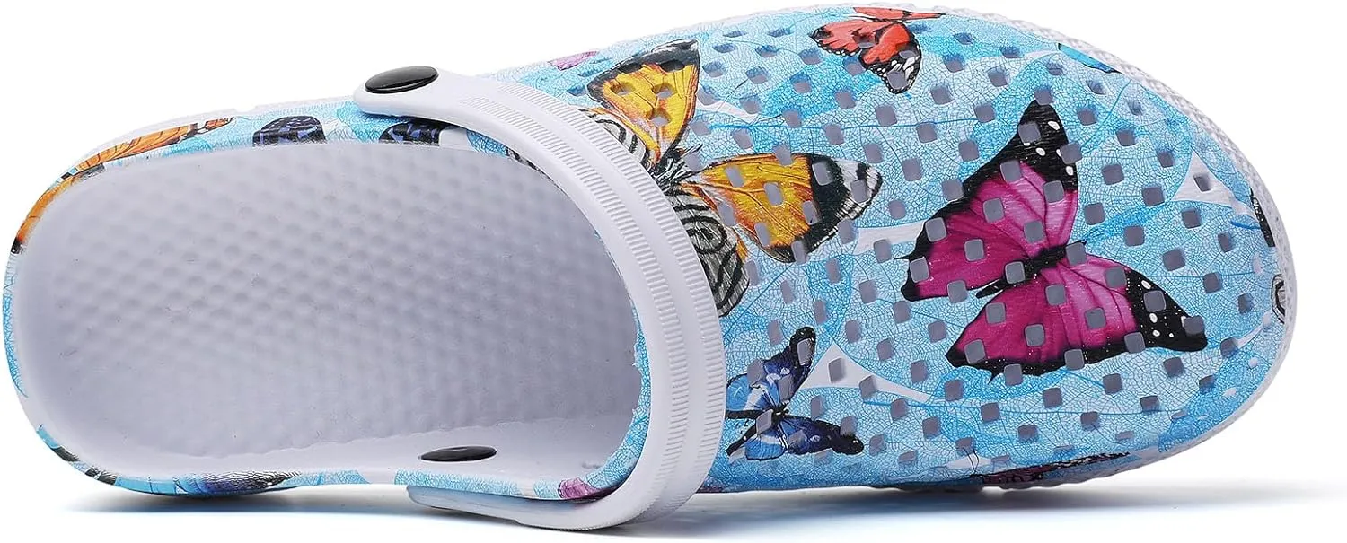 SECHRITE Womens Clogs Garden Shoes Slip-On Comfort Outdoor Beach Slippers Water Shoes Lightweight Waterproof Summer Sandals - Butterfly Print