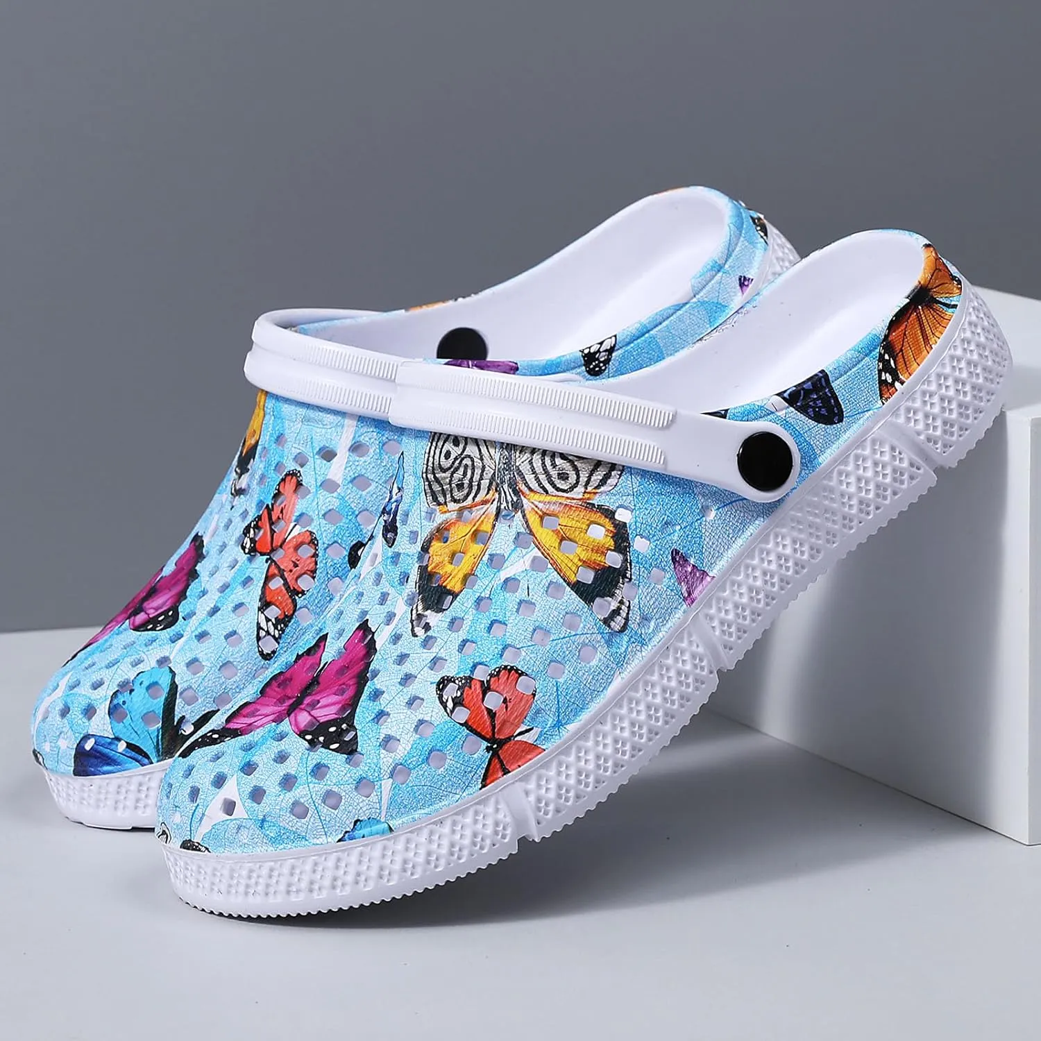 SECHRITE Womens Clogs Garden Shoes Slip-On Comfort Outdoor Beach Slippers Water Shoes Lightweight Waterproof Summer Sandals - Butterfly Print