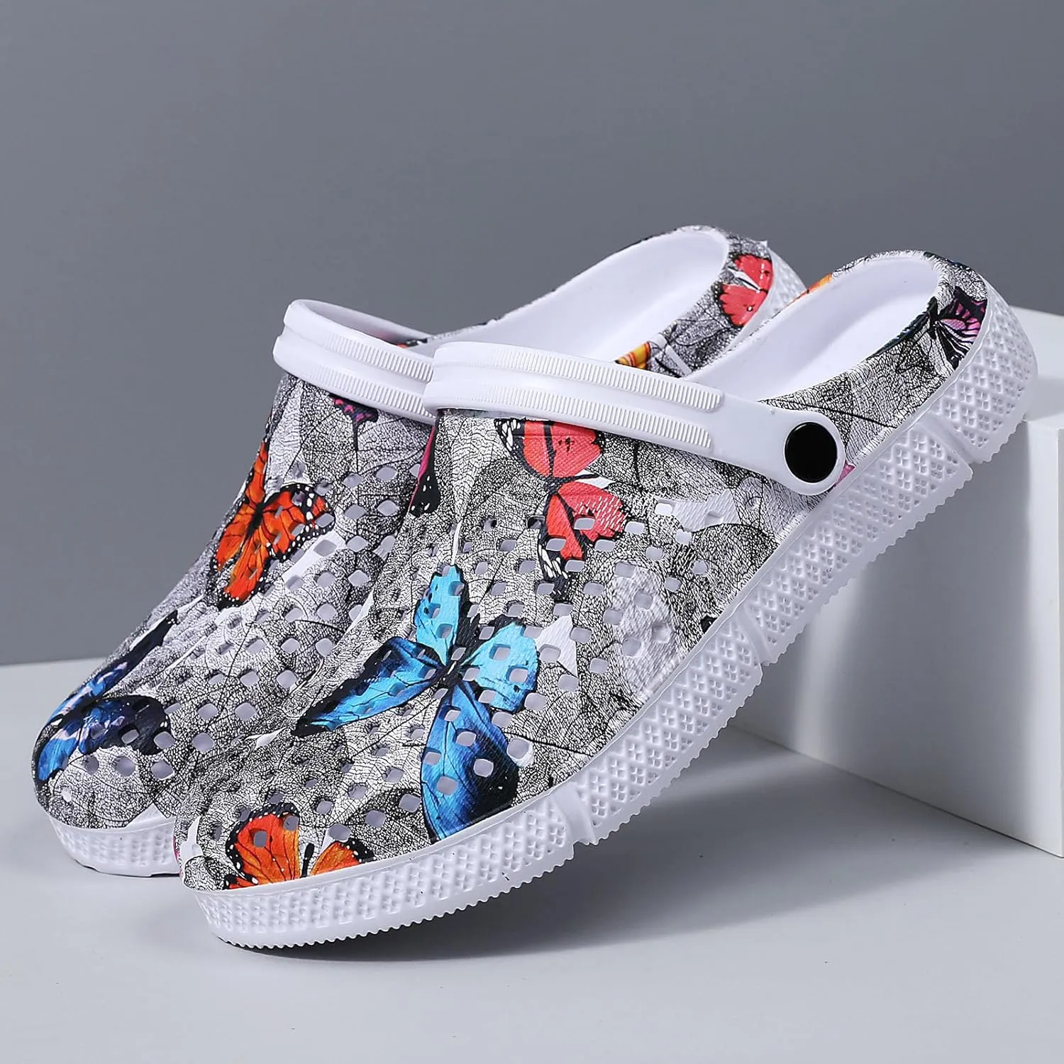 SECHRITE Womens Clogs Garden Shoes Slip-On Comfort Outdoor Beach Slippers Water Shoes Lightweight Waterproof Summer Sandals - Butterfly Print
