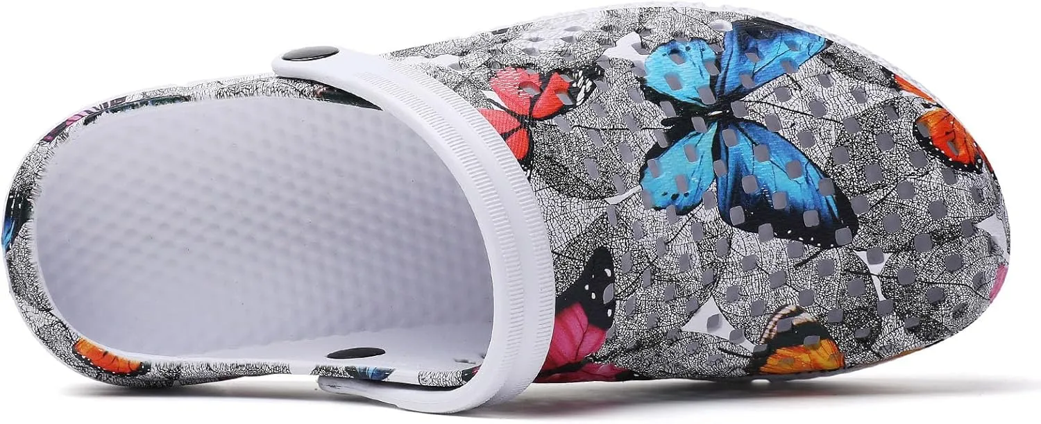 SECHRITE Womens Clogs Garden Shoes Slip-On Comfort Outdoor Beach Slippers Water Shoes Lightweight Waterproof Summer Sandals - Butterfly Print