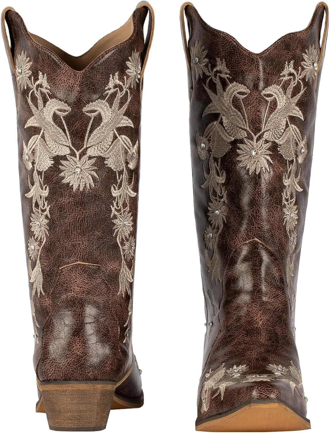 SheSole Women's Floral Embroidery Western Cowgirl Cowboy Boots Mid Wide Calf Country Wedding Boots Snip Toe Brown
