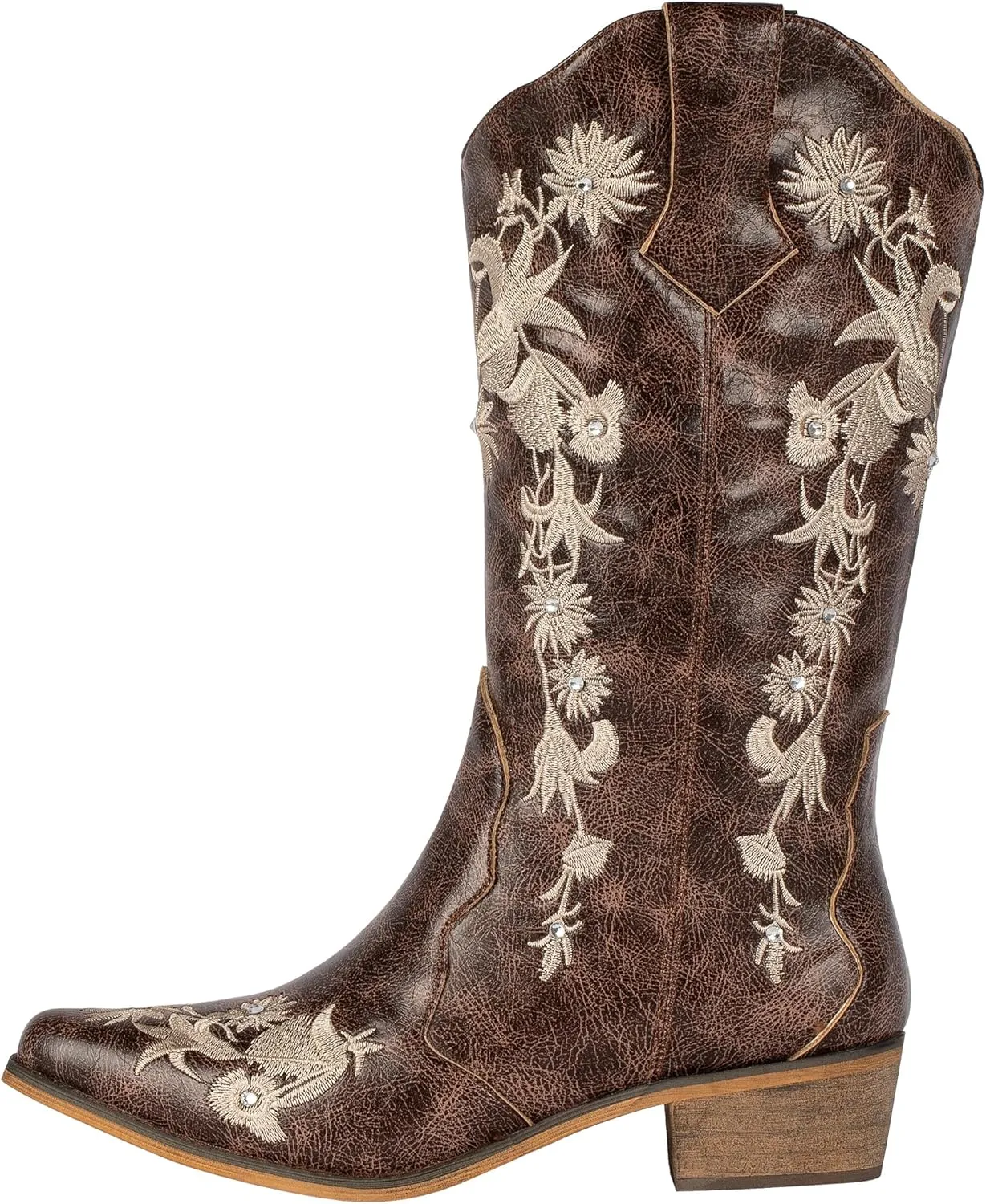 SheSole Women's Floral Embroidery Western Cowgirl Cowboy Boots Mid Wide Calf Country Wedding Boots Snip Toe Brown
