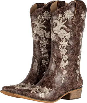 SheSole Women's Floral Embroidery Western Cowgirl Cowboy Boots Mid Wide Calf Country Wedding Boots Snip Toe Brown
