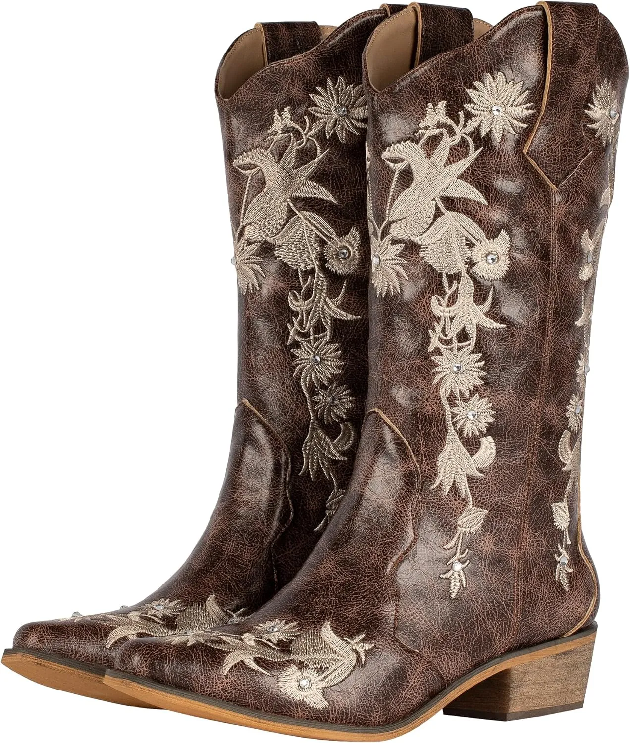 SheSole Women's Floral Embroidery Western Cowgirl Cowboy Boots Mid Wide Calf Country Wedding Boots Snip Toe Brown