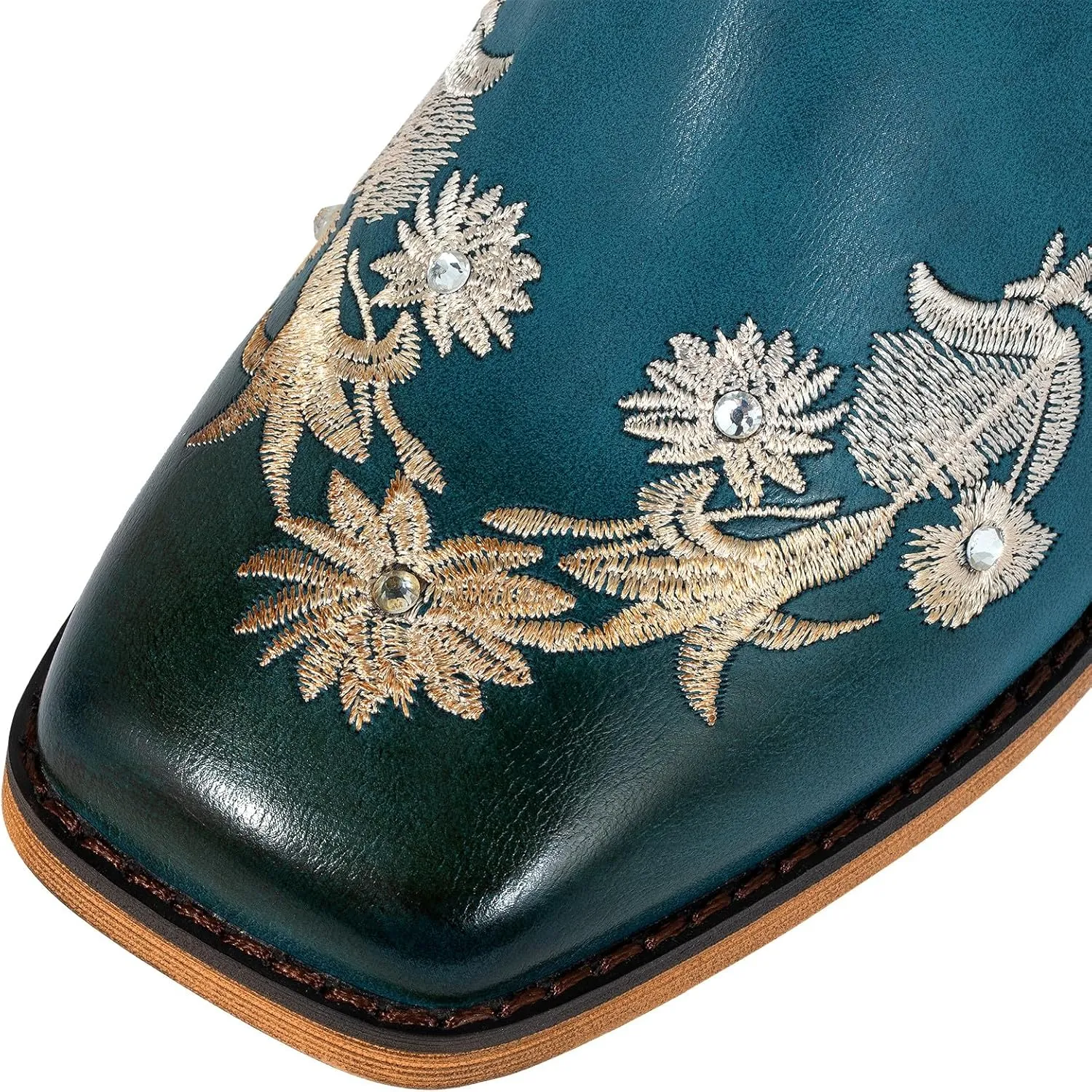 SheSole Women's Floral Rhinestones Square Toe Cowboy Boots Western Country Wedding Cowgirl Boots Wide Calf