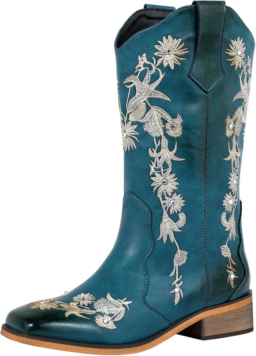 SheSole Women's Floral Rhinestones Square Toe Cowboy Boots Western Country Wedding Cowgirl Boots Wide Calf