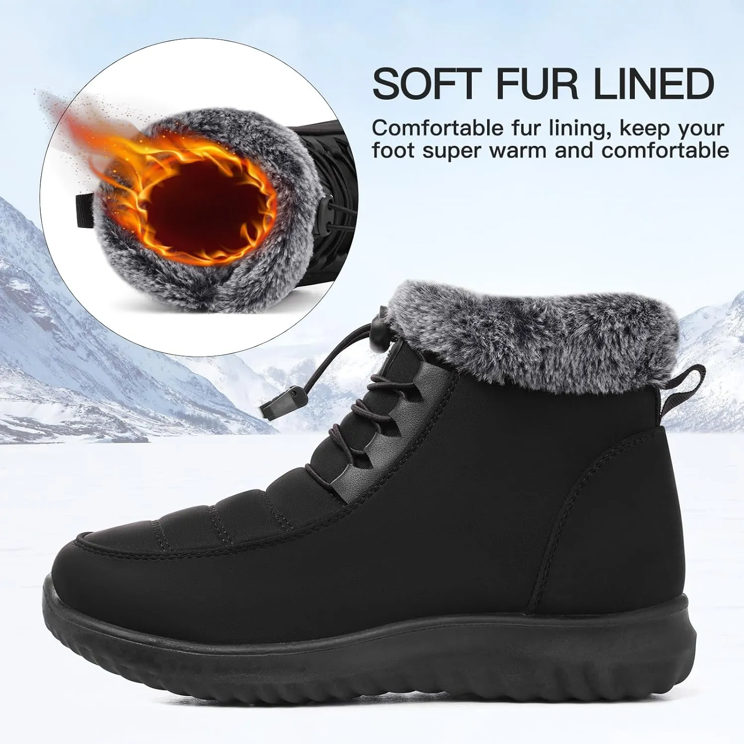SHIBEVER Fur Lined Boots for Women: Winter Snow Ankle Booties Warm Adjustable Waterproof Slip On Shoes Outdoor
