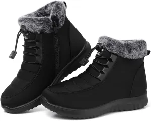 SHIBEVER Fur Lined Boots for Women: Winter Snow Ankle Booties Warm Adjustable Waterproof Slip On Shoes Outdoor