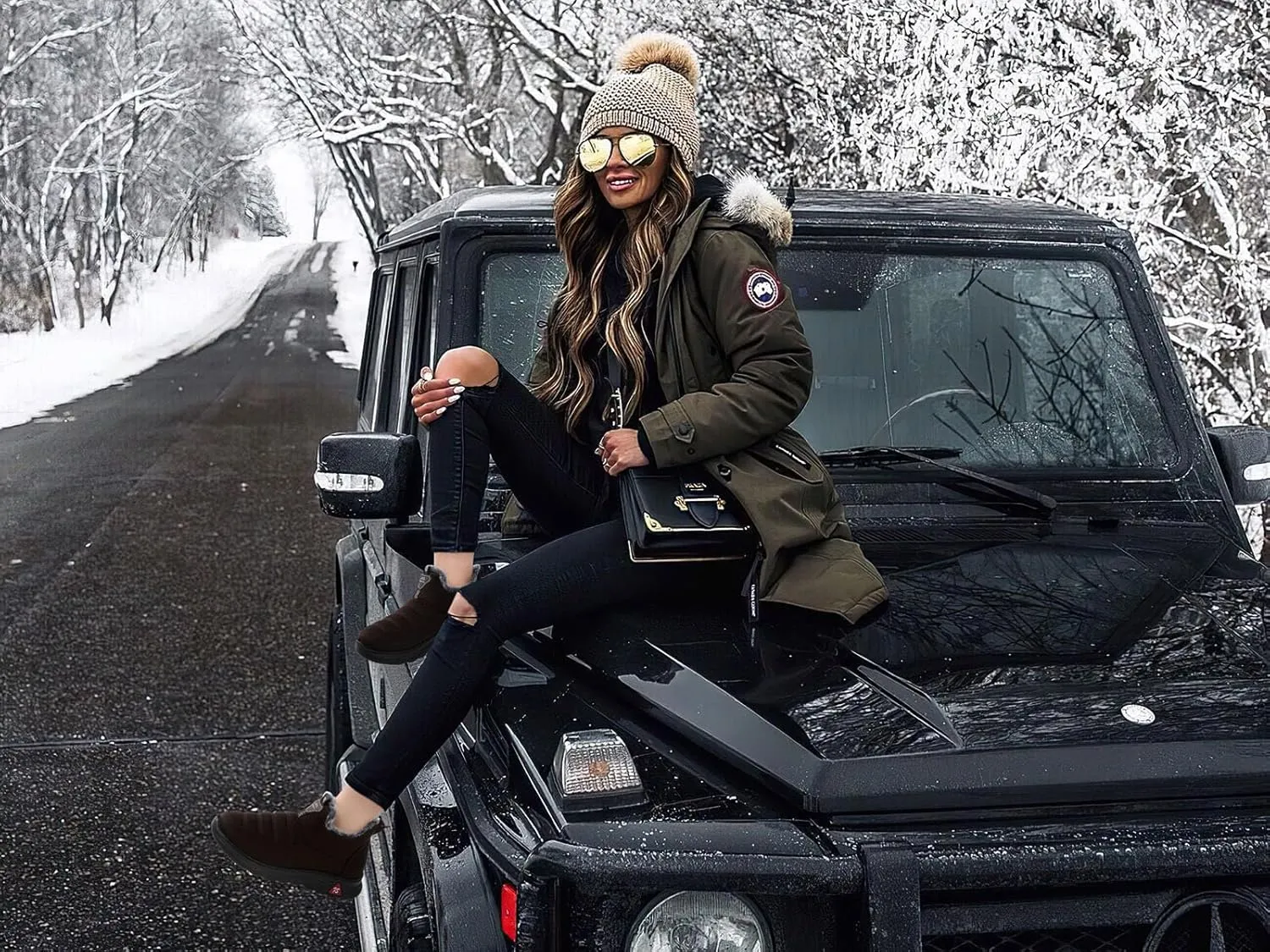 SHIBEVER Winter Boots for Women: Black Warm Fur Lined Slip on Ankle Snow Boots Comfortable Waterproof Outdoor Shoes Size