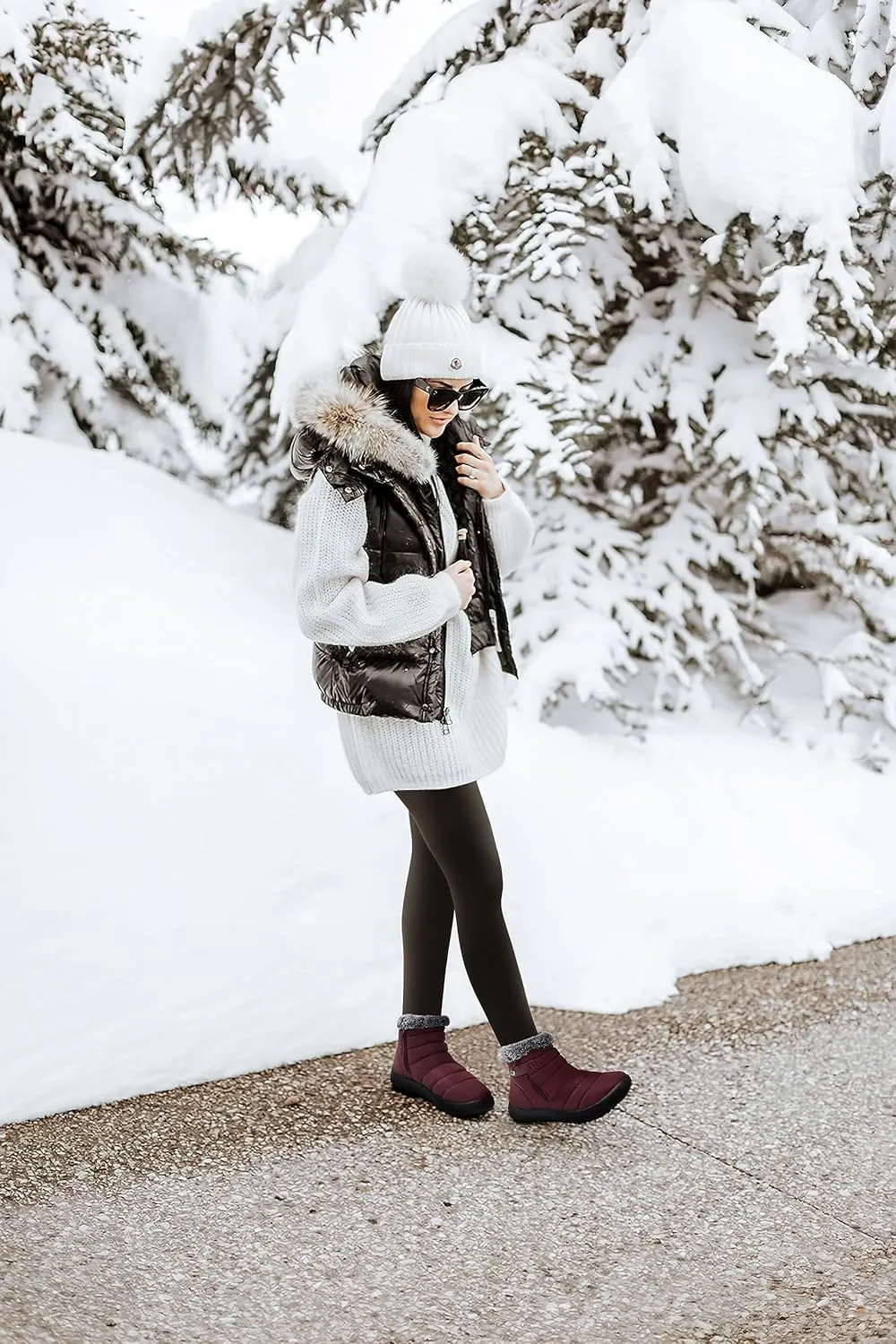 SHIBEVER Women Winter Snow Boots: Black Waterproof Walking Booties Non Slip Fur Lined Warm Outdoor Ankle Short Boot