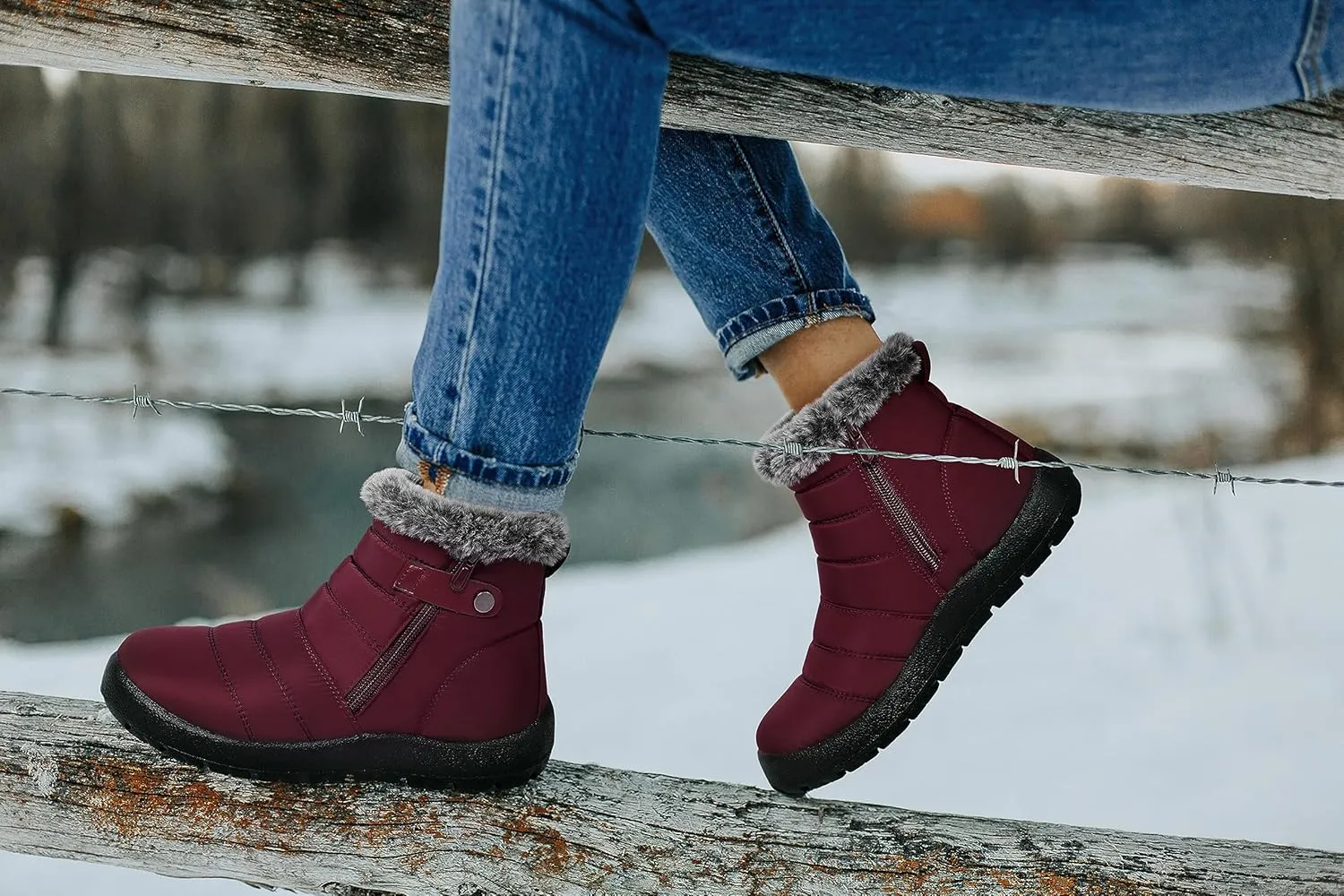 SHIBEVER Women Winter Snow Boots: Black Waterproof Walking Booties Non Slip Fur Lined Warm Outdoor Ankle Short Boot