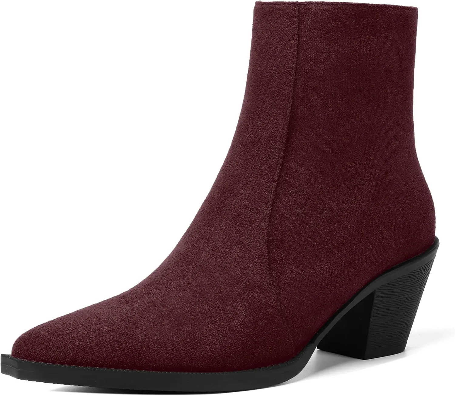 SHOWFOREST Womens Suede Pointed Toe Outdoor Furry Solid Cold Weather Zip Block Low Heel Ankle High Boots 2.2 Inch