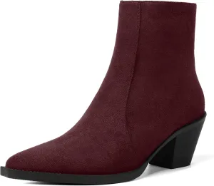 SHOWFOREST Womens Suede Pointed Toe Outdoor Furry Solid Cold Weather Zip Block Low Heel Ankle High Boots 2.2 Inch