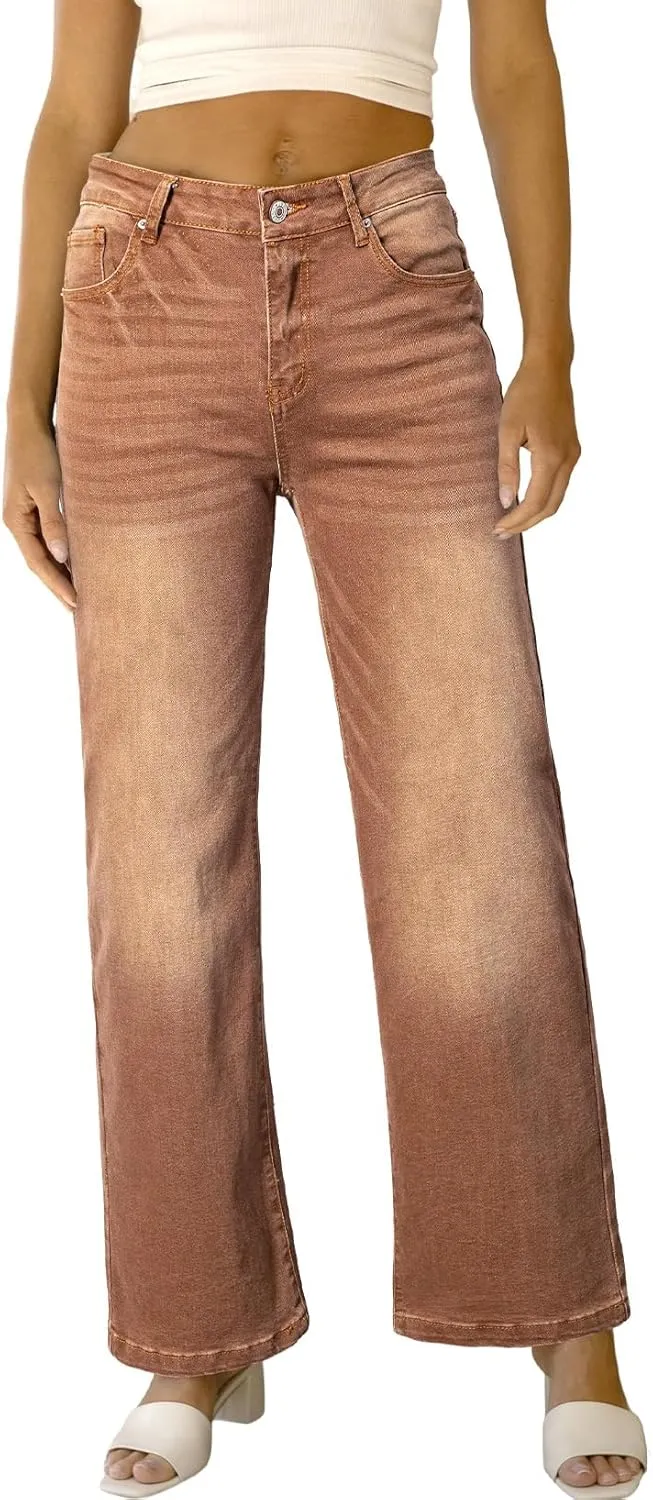 Sidefeel Women's Wide Leg Jeans Casual High Waisted Straight Zimbaplatinum Denim Pants with Pockets