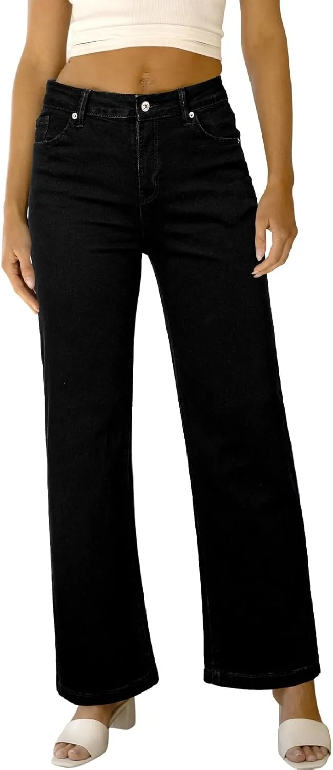 Sidefeel Women's Wide Leg Jeans Casual High Waisted Straight Zimbaplatinum Denim Pants with Pockets