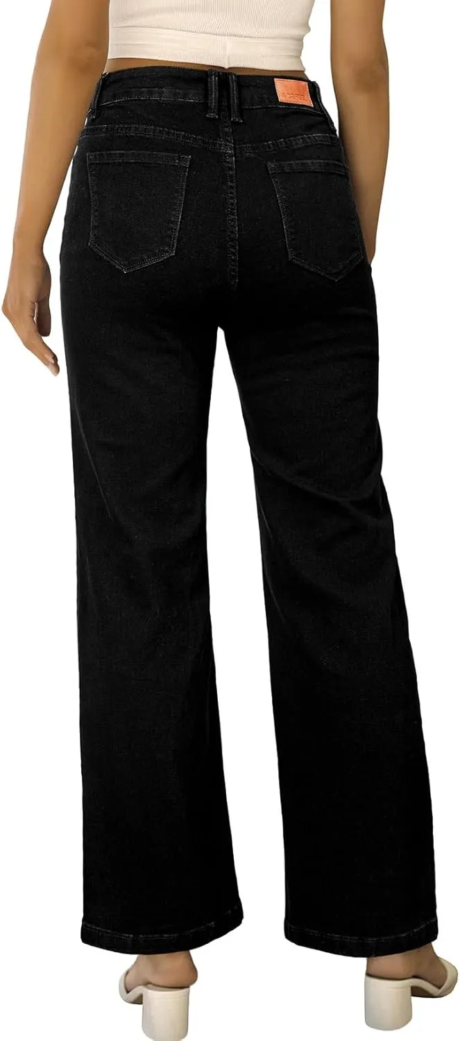 Sidefeel Women's Wide Leg Jeans Casual High Waisted Straight Zimbaplatinum Denim Pants with Pockets