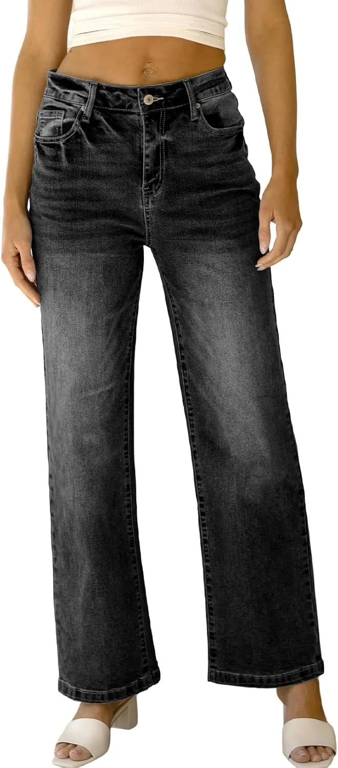 Sidefeel Women's Wide Leg Jeans Casual High Waisted Straight Zimbaplatinum Denim Pants with Pockets