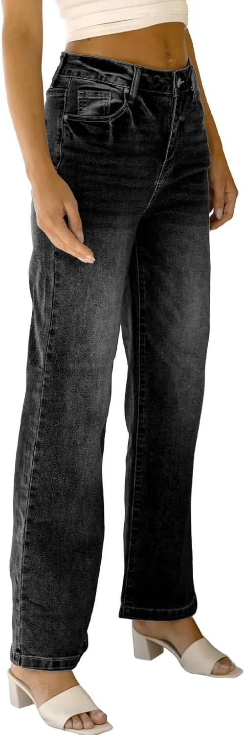 Sidefeel Women's Wide Leg Jeans Casual High Waisted Straight Zimbaplatinum Denim Pants with Pockets