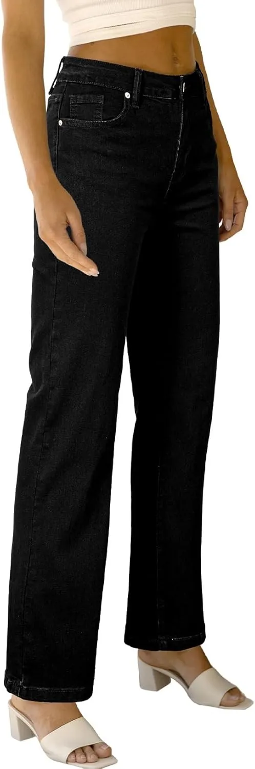 Sidefeel Women's Wide Leg Jeans Casual High Waisted Straight Zimbaplatinum Denim Pants with Pockets