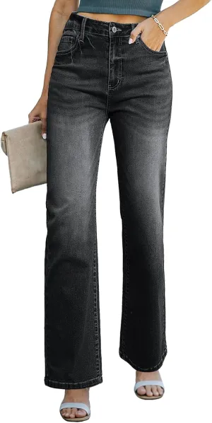 Sidefeel Women's Wide Leg Jeans Casual High Waisted Straight Zimbaplatinum Denim Pants with Pockets