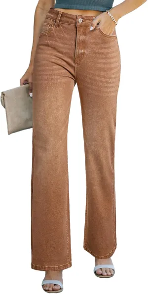 Sidefeel Women's Wide Leg Jeans Casual High Waisted Straight Zimbaplatinum Denim Pants with Pockets