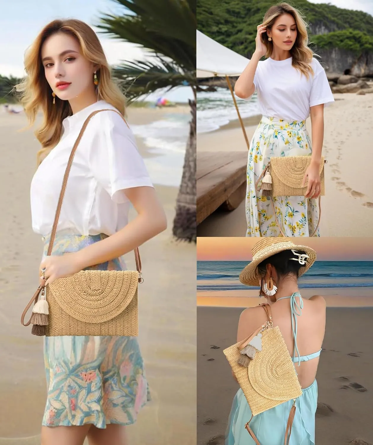 Small Straw Clutch Purses For Women Raffia Shoulder Beach Bag Summer Woven Purse Envelope Crossbody Handbag Wallet