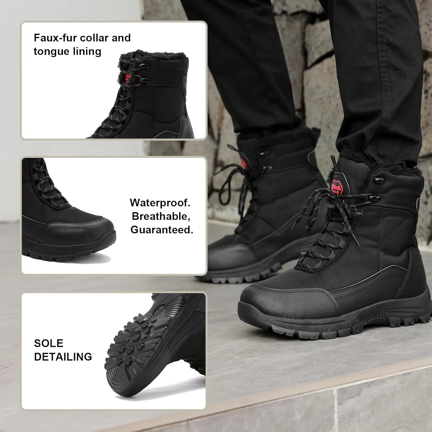 Snow Boots for Men, Slip on Waterproof Hiking Boots with Fur Lined, Mens Winter Boots Shoes Non-Slip Rubber Sole Outdoor Comfortable Walking Shoes