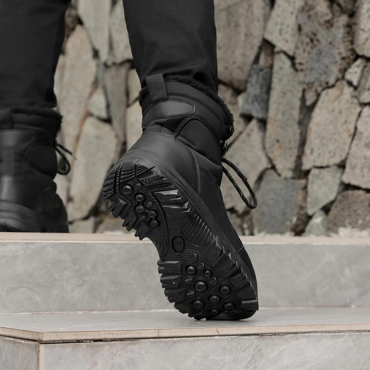 Snow Boots for Men, Slip on Waterproof Hiking Boots with Fur Lined, Mens Winter Boots Shoes Non-Slip Rubber Sole Outdoor Comfortable Walking Shoes