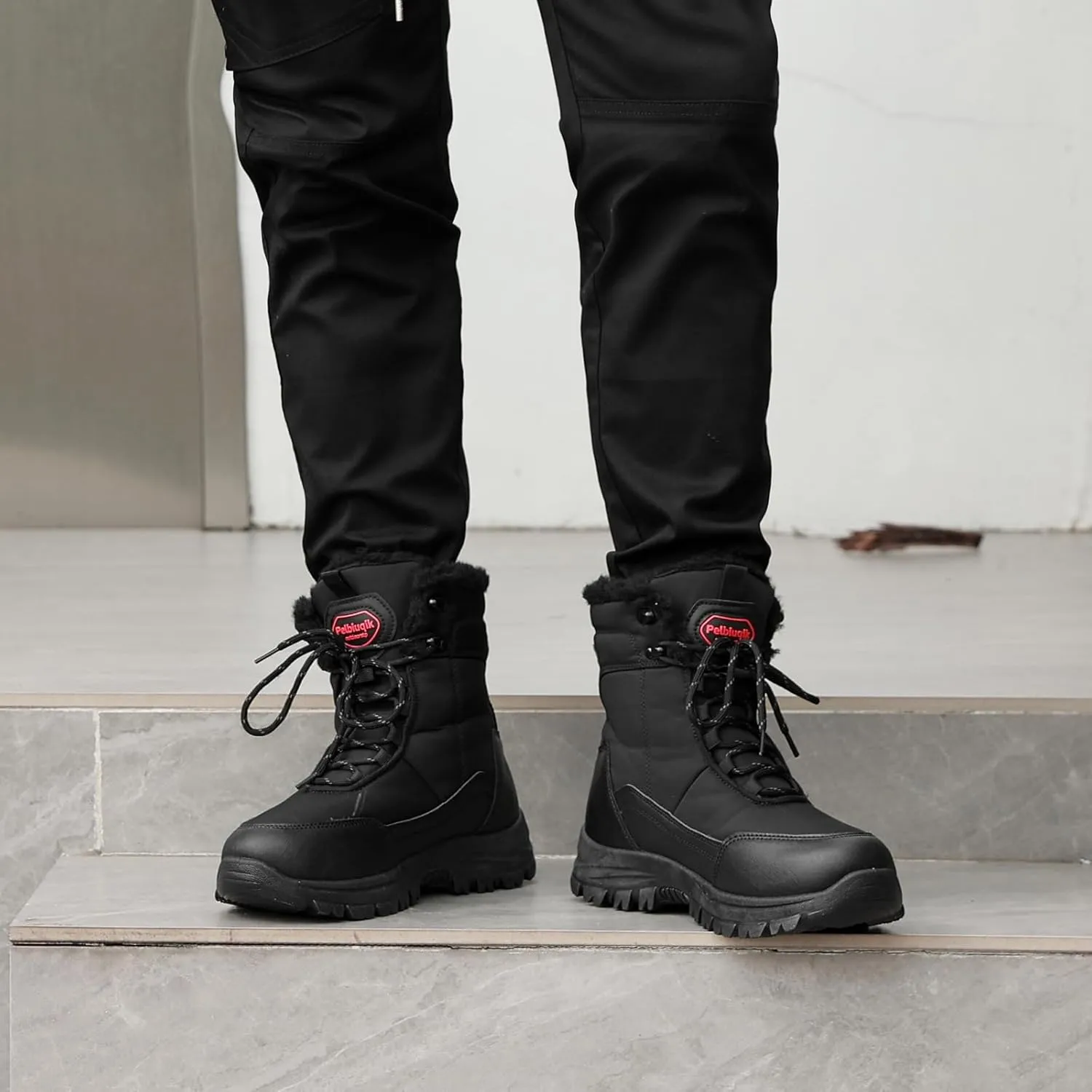 Snow Boots for Men, Slip on Waterproof Hiking Boots with Fur Lined, Mens Winter Boots Shoes Non-Slip Rubber Sole Outdoor Comfortable Walking Shoes