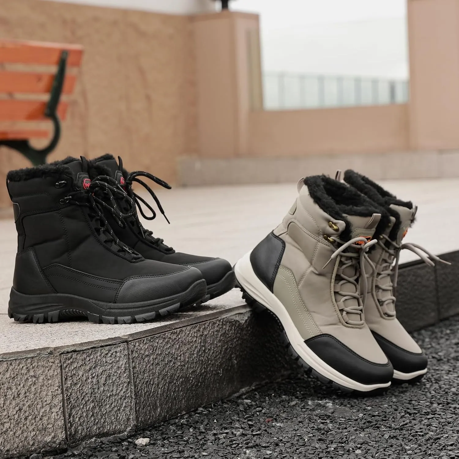Snow Boots for Men, Slip on Waterproof Hiking Boots with Fur Lined, Mens Winter Boots Shoes Non-Slip Rubber Sole Outdoor Comfortable Walking Shoes