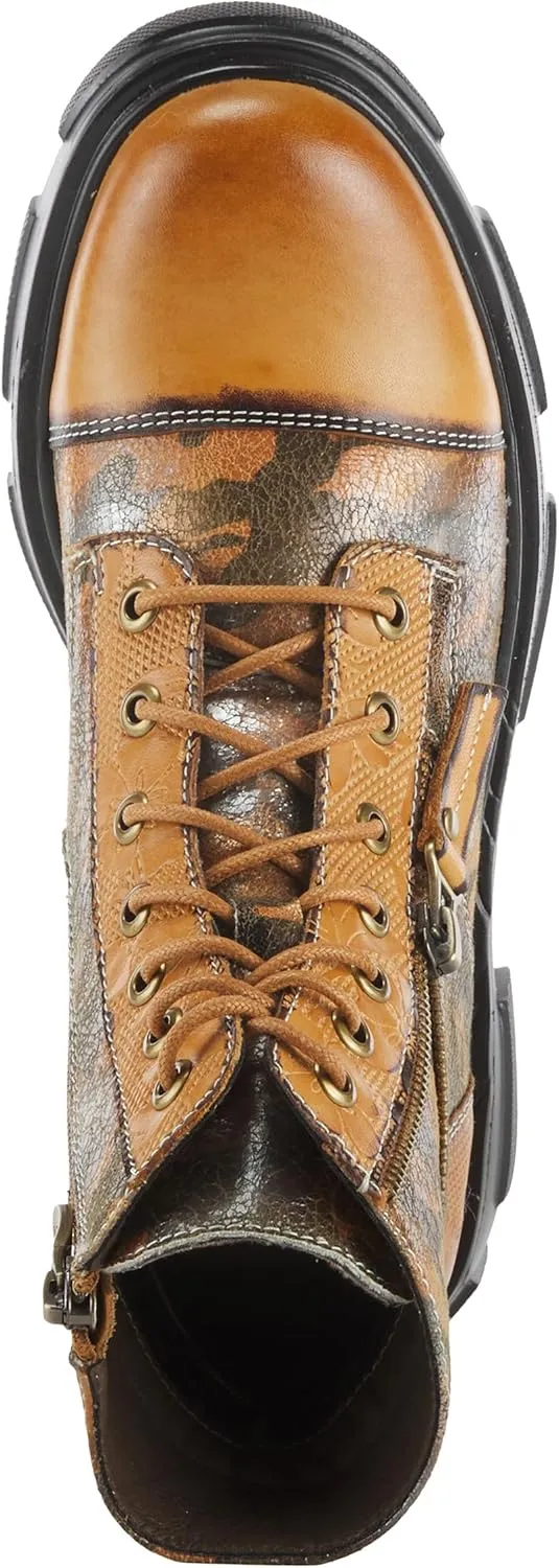 Spring Step L'Artiste Carnelian Booties for Women - Leather Ankle Boots with Lace-up and Zipper - Hand-Painted Womens Boots for Outdoor