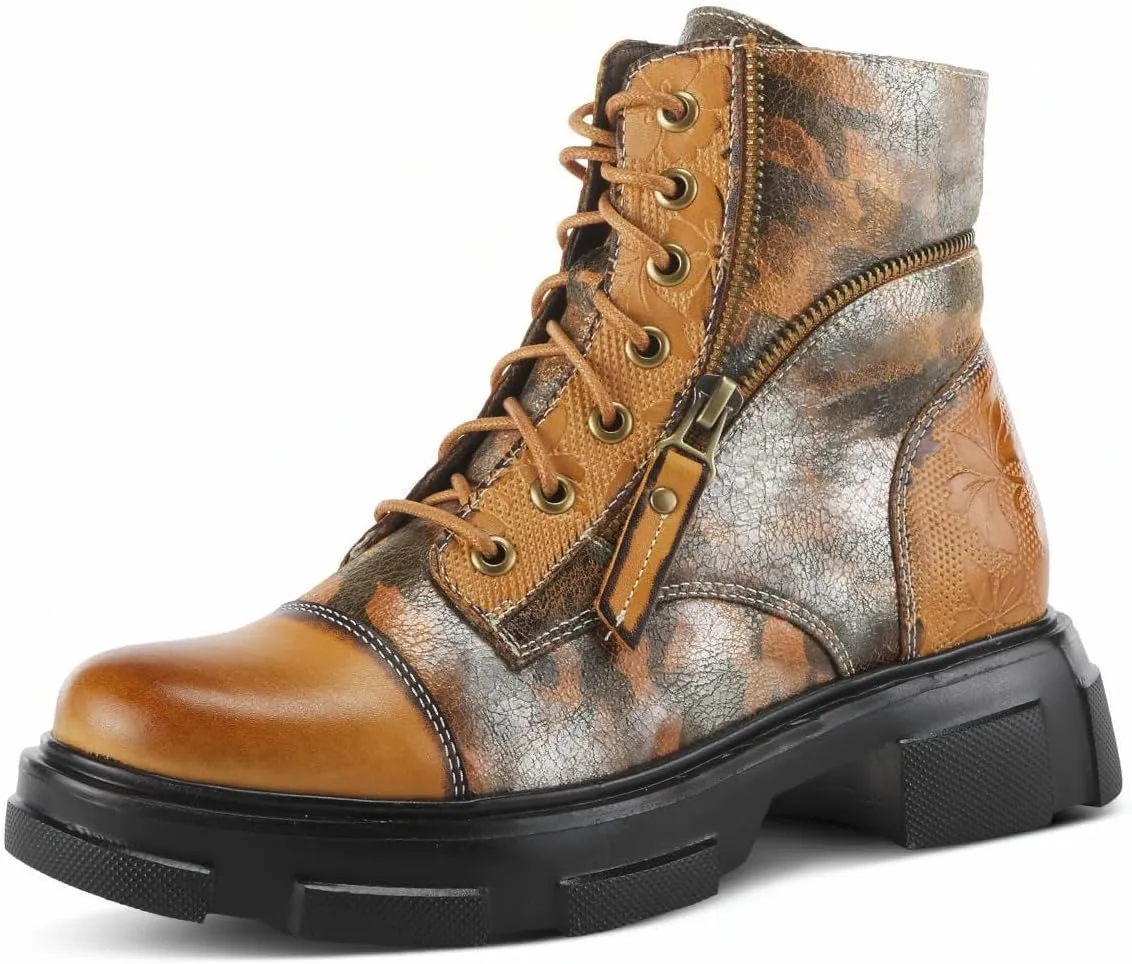Spring Step L'Artiste Carnelian Booties for Women - Leather Ankle Boots with Lace-up and Zipper - Hand-Painted Womens Boots for Outdoor