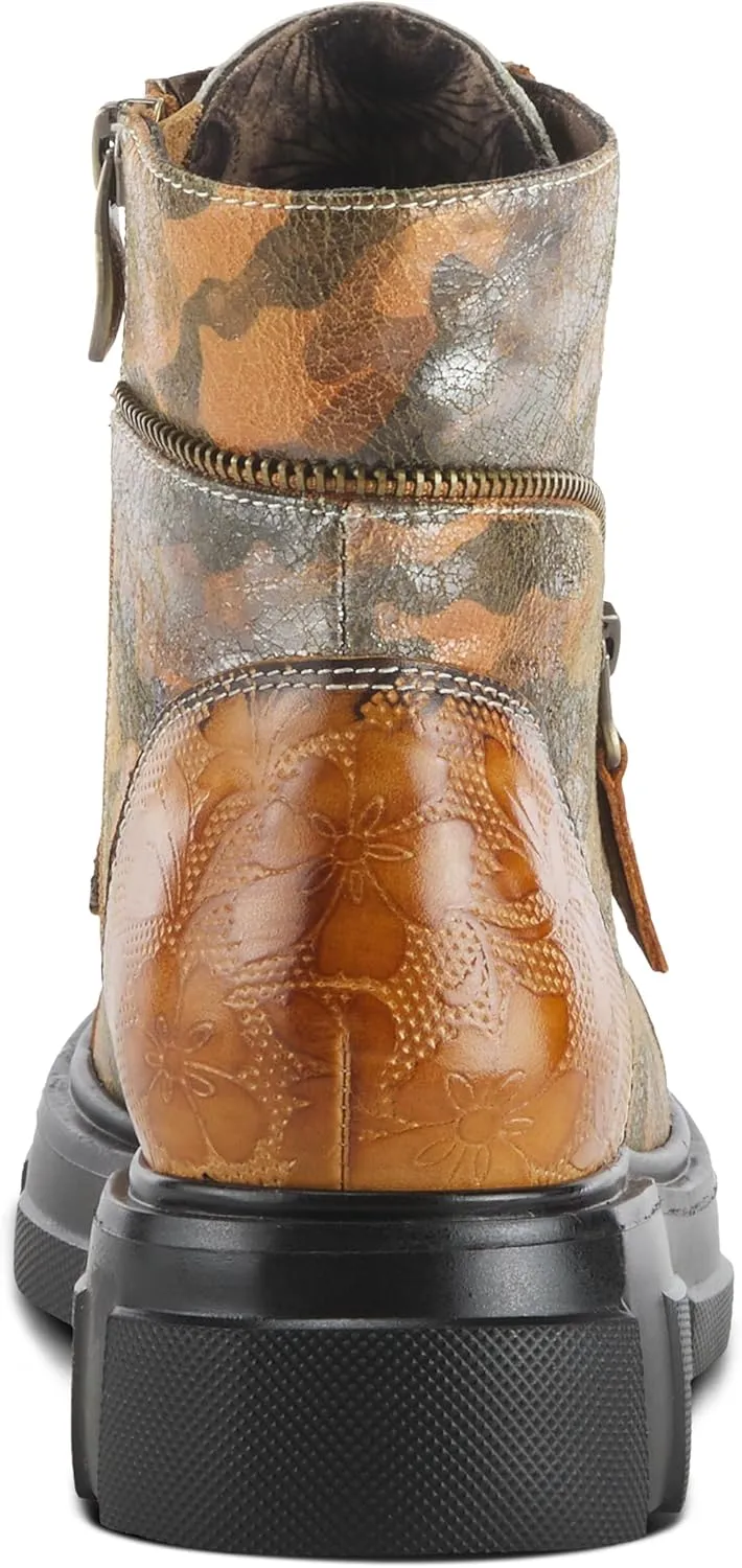 Spring Step L'Artiste Carnelian Booties for Women - Leather Ankle Boots with Lace-up and Zipper - Hand-Painted Womens Boots for Outdoor