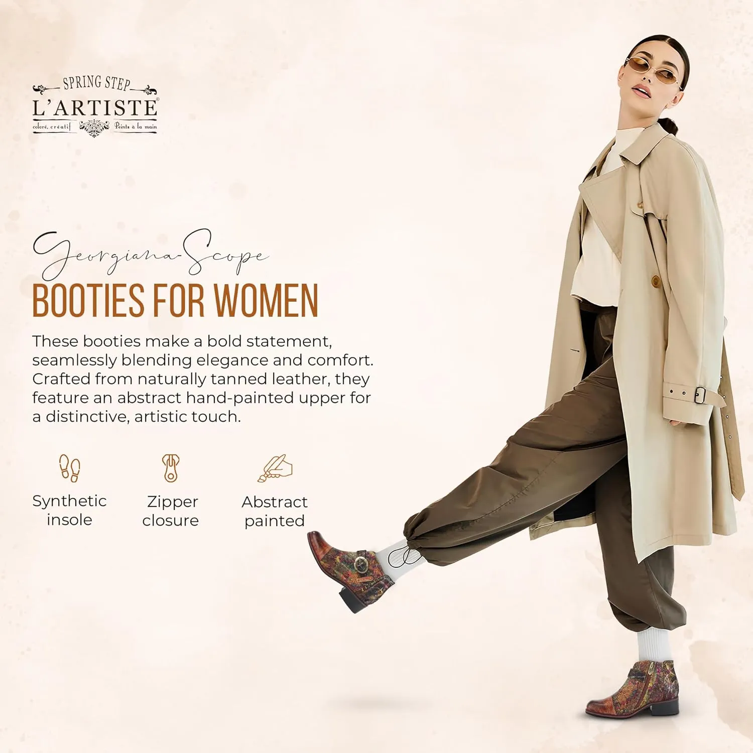 Spring Step L'Artiste Georgiana-Scope Booties for Women - Ankle Boots with Zipper Closure - Hand-Painted Ladies Boots for Outdoor
