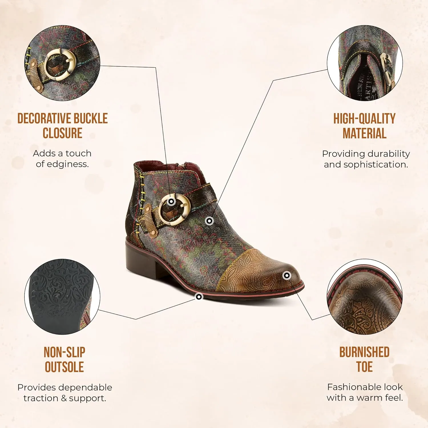 Spring Step L'Artiste Georgiana-Scope Booties for Women - Ankle Boots with Zipper Closure - Hand-Painted Ladies Boots for Outdoor