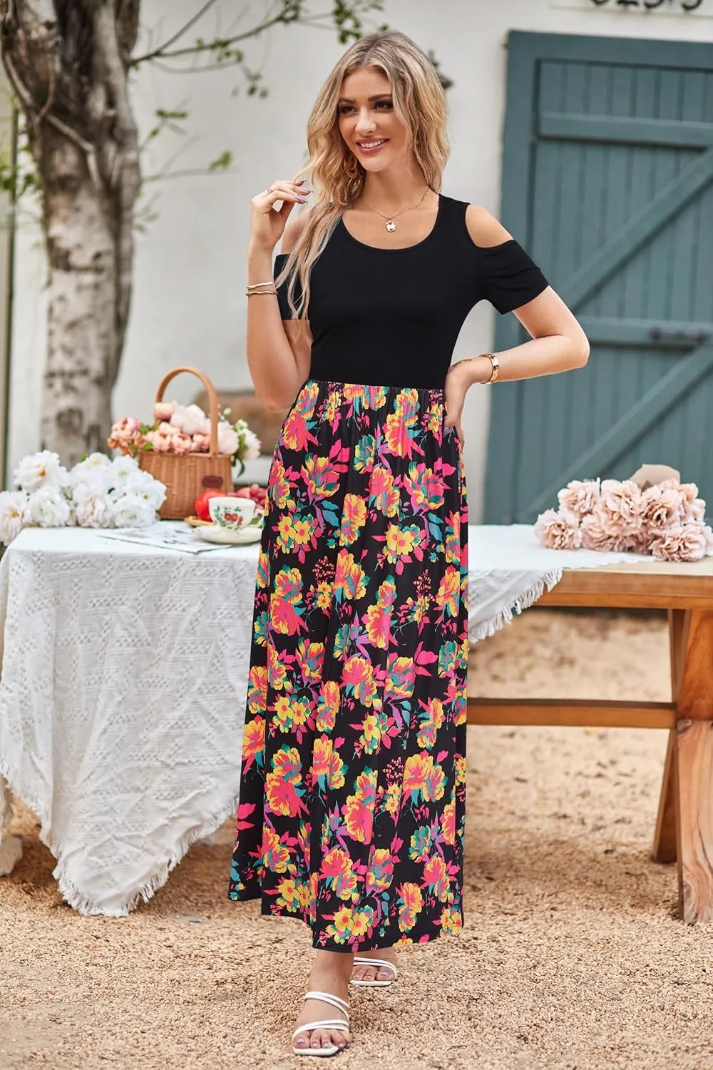 STYLEWORD Women's 2025 Summer Maxi Long Dresses Cold Shoulder Sundress with Pocket