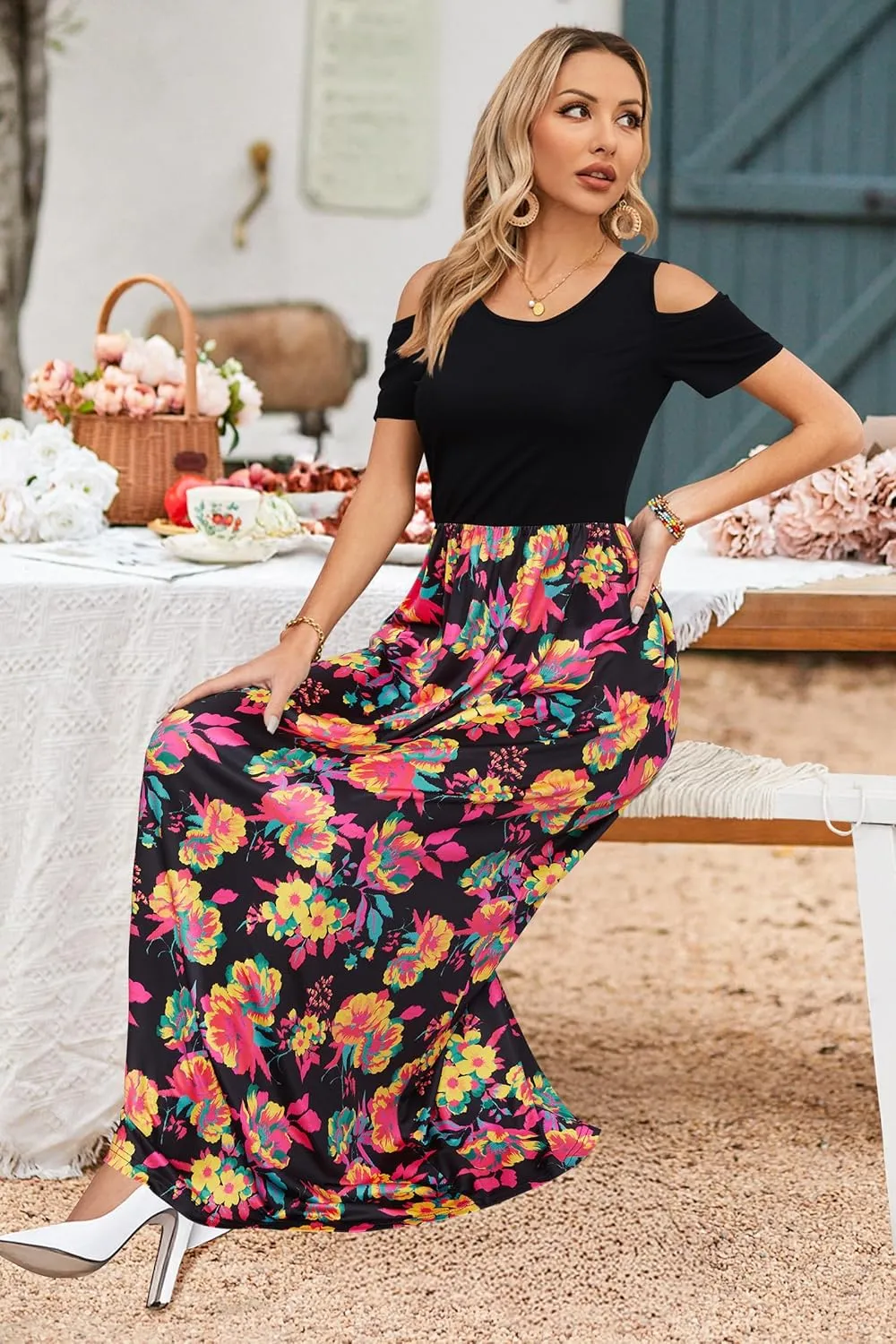 STYLEWORD Women's 2025 Summer Maxi Long Dresses Cold Shoulder Sundress with Pocket