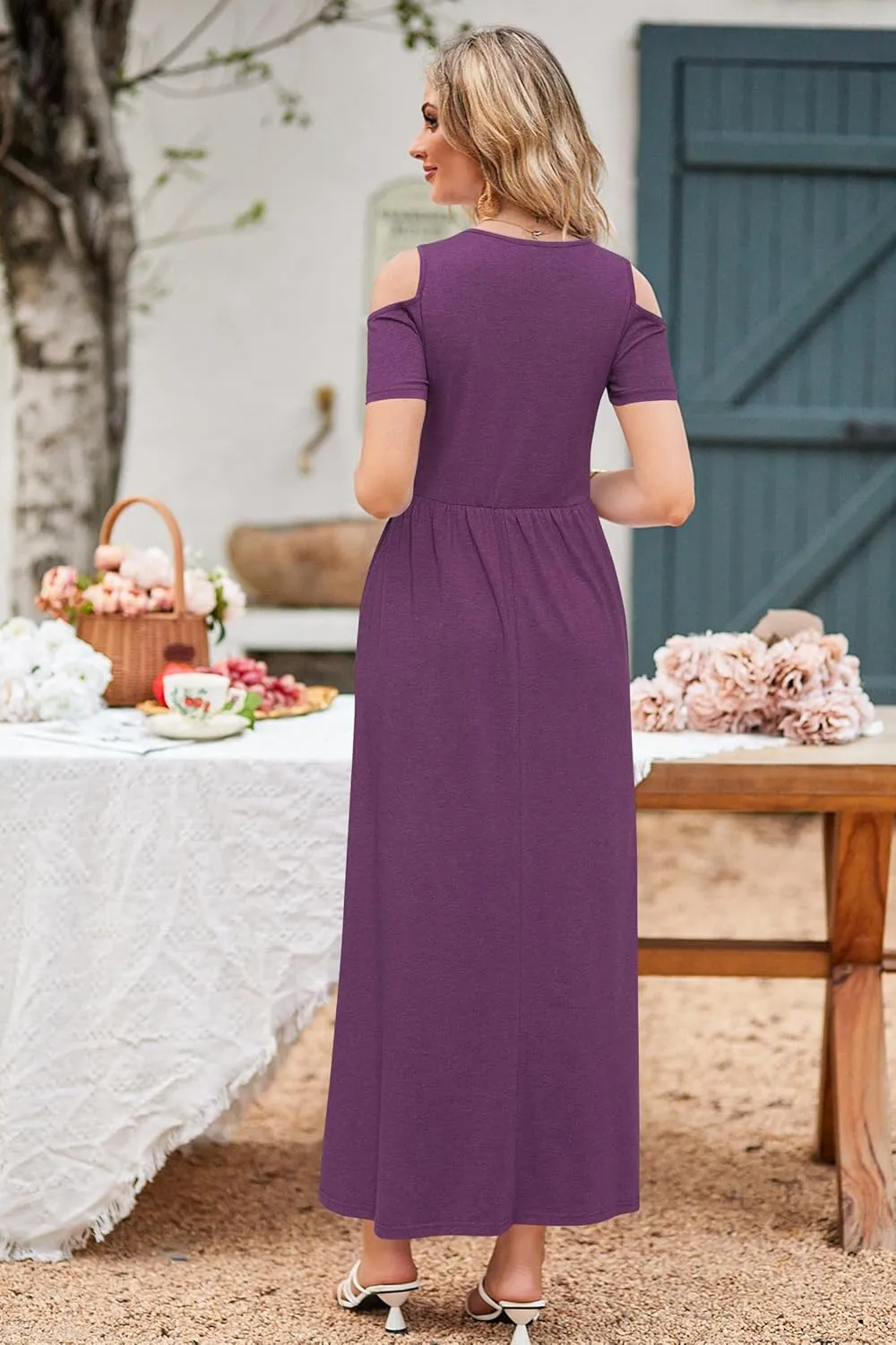 STYLEWORD Women's 2025 Summer Maxi Long Dresses Cold Shoulder Sundress with Pocket